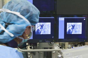 UC Irvine interventional radiologist Dr. Laura Findeiss monitors kidney cryoablation procedure at UC Irvine Medical Center.